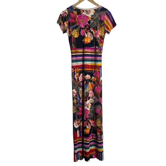 Fuzzi Striped Floral Multicolor Short Sleeve Scoop Neck Jersey Maxi Dress Size S - Picture 9 of 10